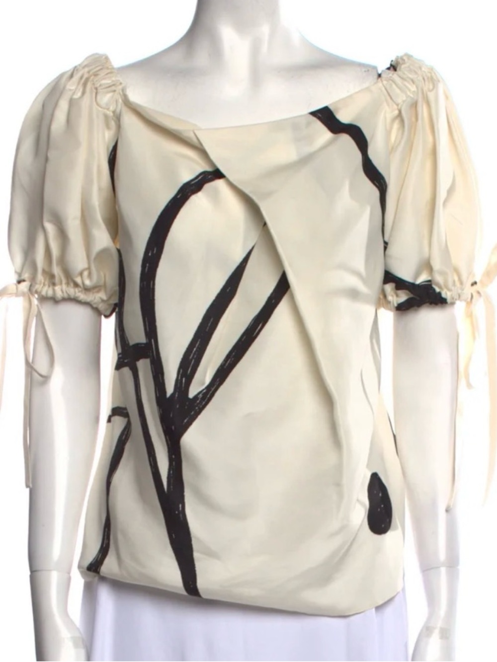 Salvatore Ferragamo Silk Cream Short-Sleeve Puff Top with Black Abstract Print